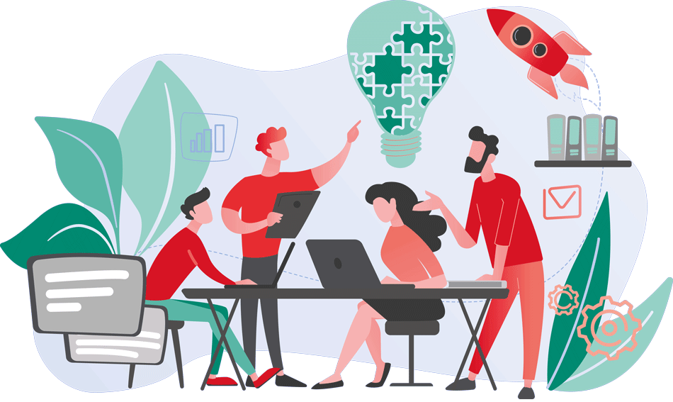 Grafik mit 4 stilisierten Personen unterschiedlicher Ethnien und Geschlechter. Die Personen sitzen an einem Tisch vor Laptops and Büchern. Sie befinden sich in einem Gespräch. Um sie herum sind Elemente wie Blätter, Aktenordner, eine Glühbirne und eine Rakete. Diese deuten auf Innovation, Ideen, Nachhaltigkeit und Strebsamkeit hin.
