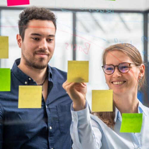 Anforderungsmanagerin Jenny erklärt ihrem Kollegen Mert mit Hilfe von Post-Its einen Schritt im Requirements Engineering.