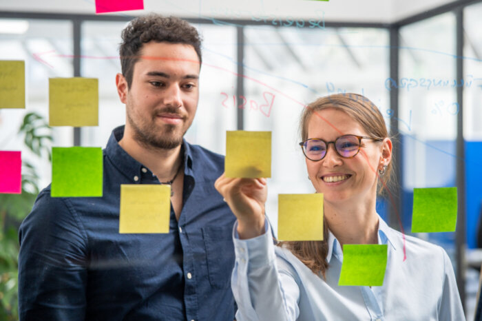 Anforderungsmanagerin Jenny erklärt ihrem Kollegen Mert mit Hilfe von Post-Its einen Schritt im Requirements Engineering.