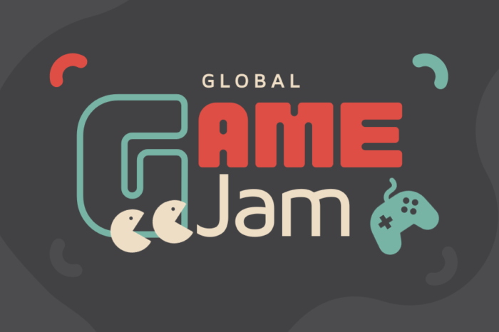 Dunkler Hintergrund mit rot-grüner-weißer Schrift 'Global Game Jam' mit einem grünen Conroller an der Seite.