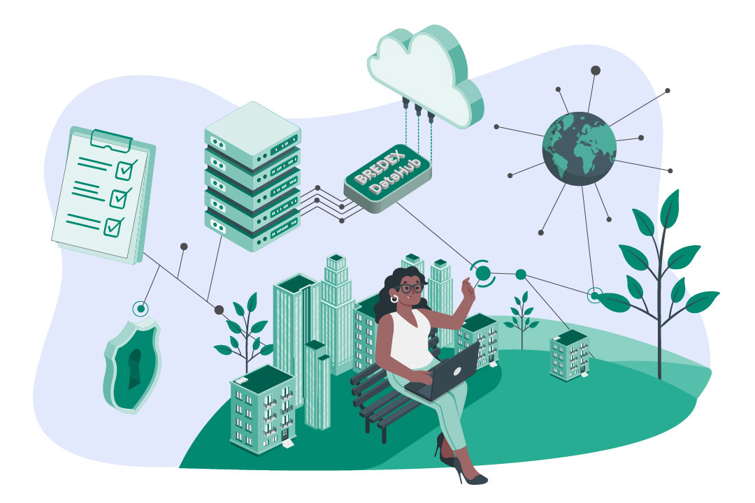 Illustration einer Person mit Laptop, verbunden mit Daten-Cloud.