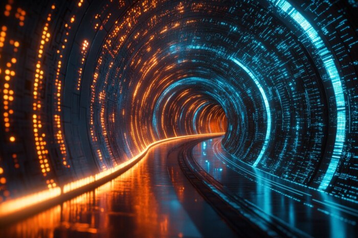 Futuristischer Tunnel mit orangen und blauen Lichtern