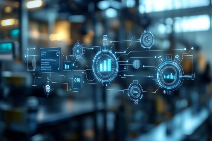 Digitale Schnittstelle mit Datenvisualisierung in High-Tech Umgebung.