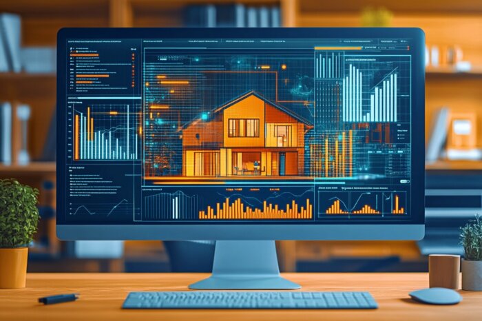 Computerbildschirm zeigt Architektur-Visualisierung und Datenanalyse