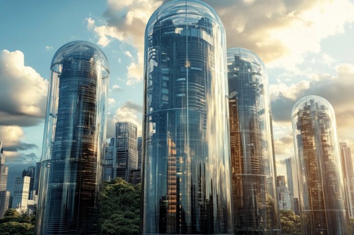 Moderne, transparente Zylindertürme in einer futuristischen Stadtlandschaft