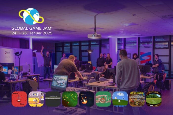 Teilnehmer des Global Game Jam 2025 arbeiten in einem Raum mit Computern.