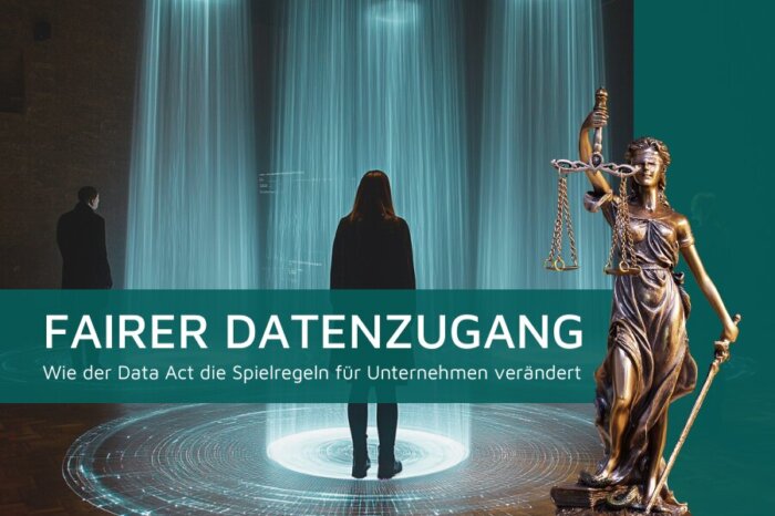 Frau vor Datenschnittstelle mit Justitia-Statue, fairer Datenzugang.