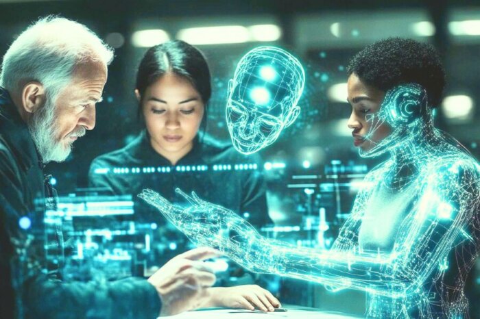 Ein diverses Team von drei Personen arbeitet gemeinsam an einem Projekt zur Künstlichen Intelligenz. Die Gruppe besteht aus Menschen unterschiedlicher Geschlechter, Hautfarben und Altersgruppen.