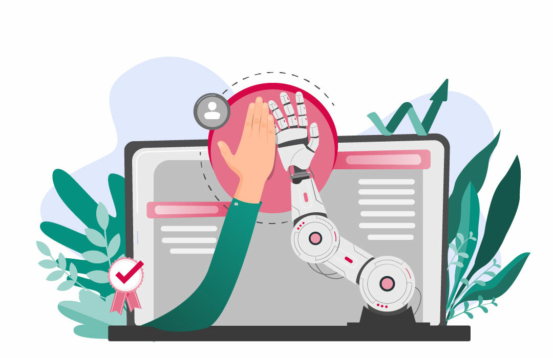 Illustration eines High-Fives zwischen einer menschlichen und einer robotischen Hand vor einem Laptop.