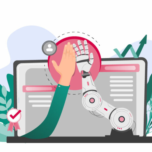 Illustration eines High-Fives zwischen einer menschlichen und einer robotischen Hand vor einem Laptop.