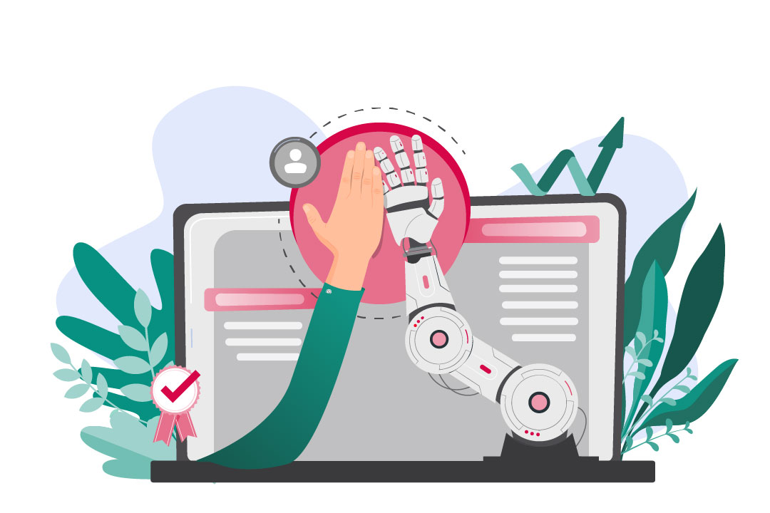 Illustration eines High-Fives zwischen einer menschlichen und einer robotischen Hand vor einem Laptop.
