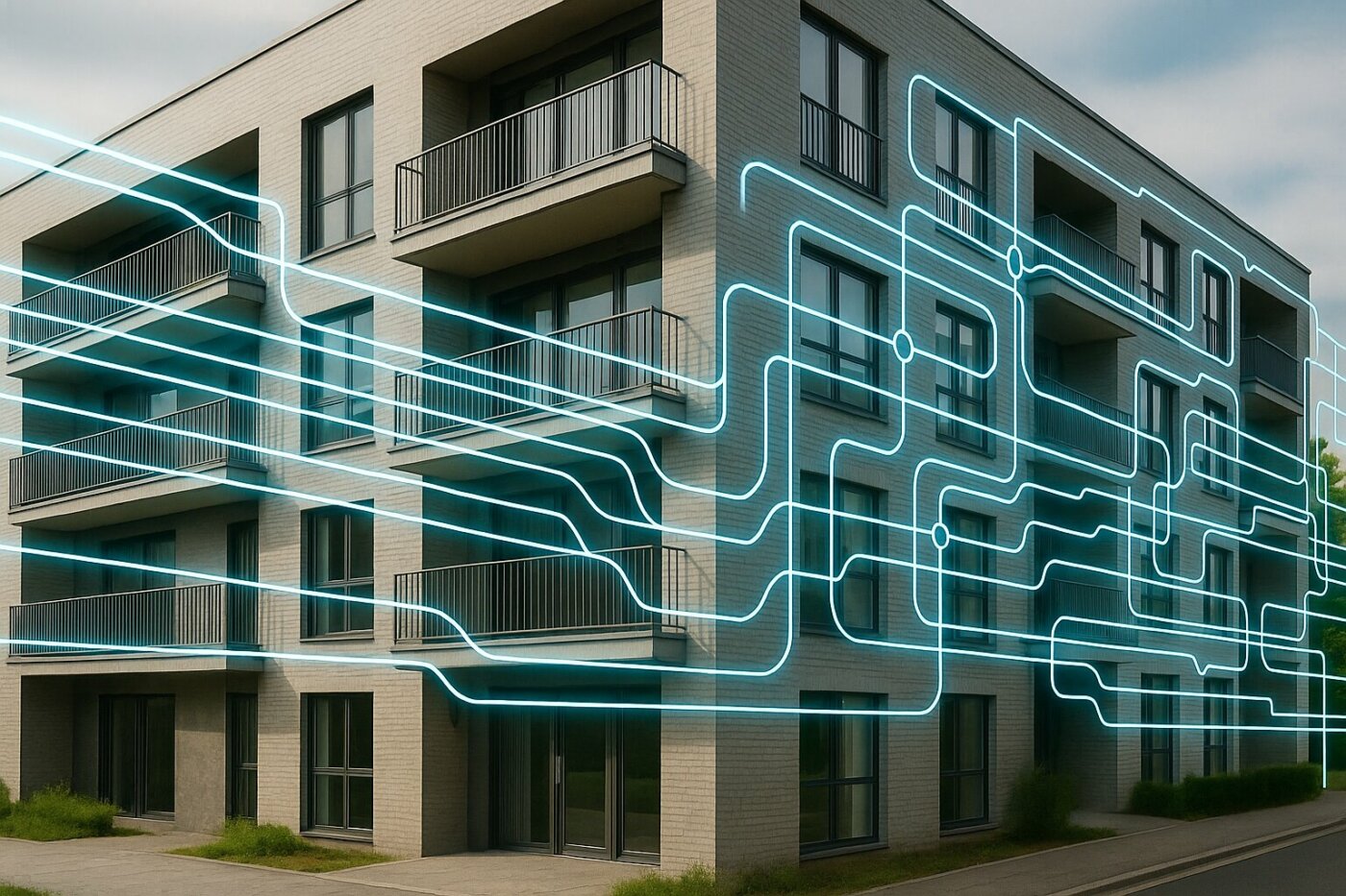 Modernes Wohngebäude mit digitalen Linien, die Vernetzung und Datenströme symbolisieren.