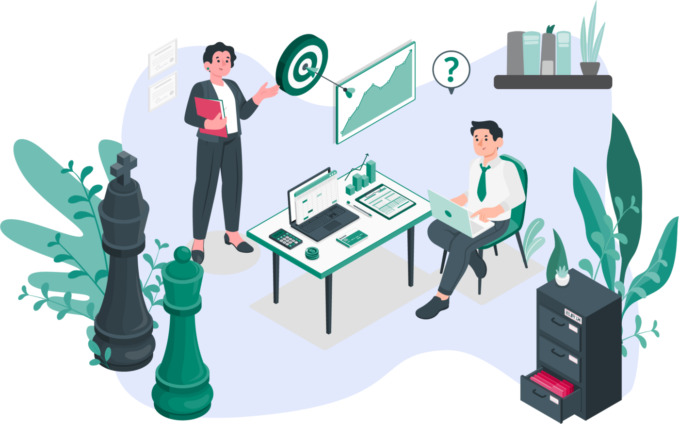 Illustration eines Beratungsgesprächs mit Laptops, Zielscheibe, Diagrammen und strategischen Schachfiguren.