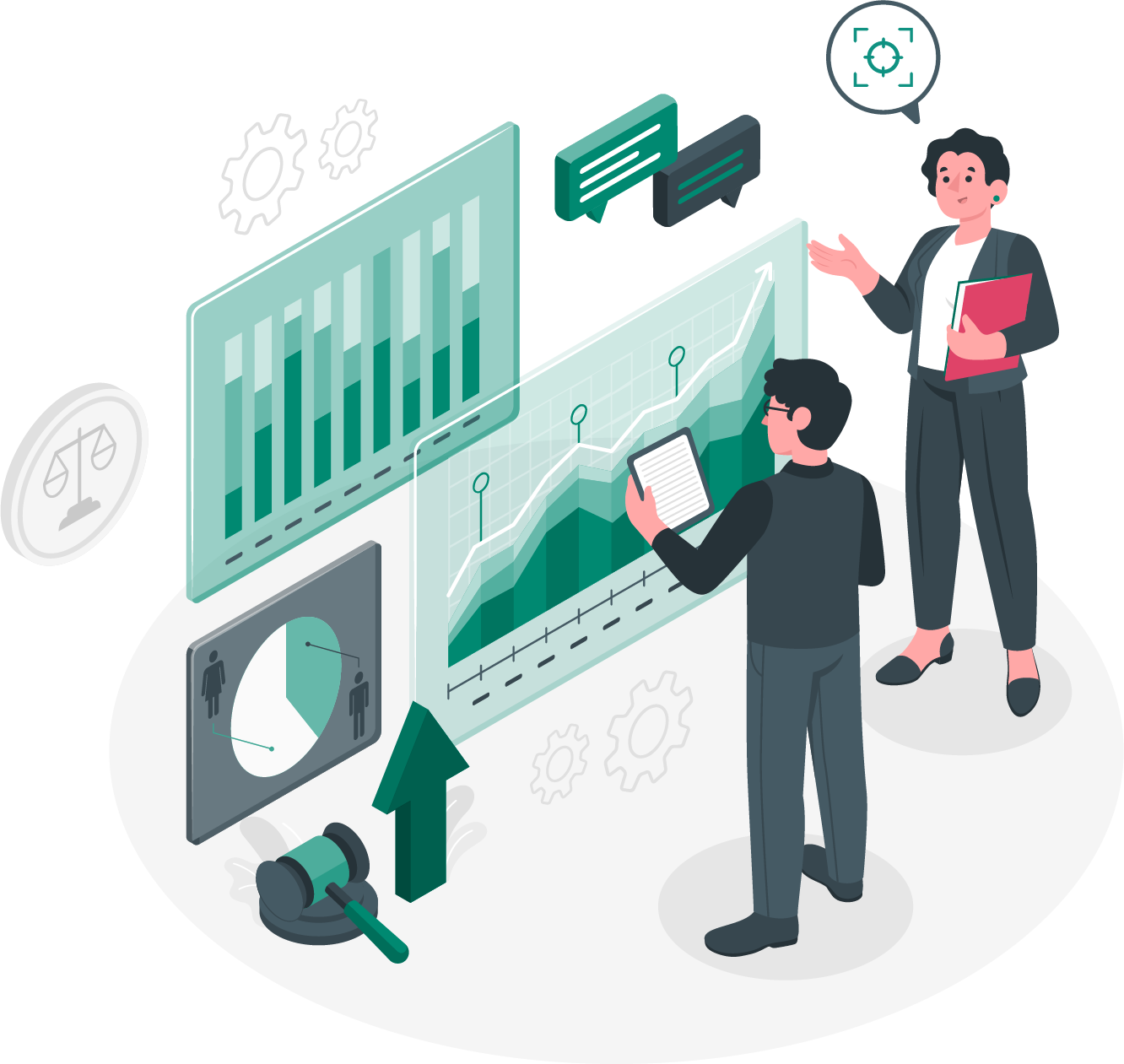 Illustration zweier Personen vor digitalen Diagrammen, die Datenanalysen und Entscheidungsprozesse darstellen.