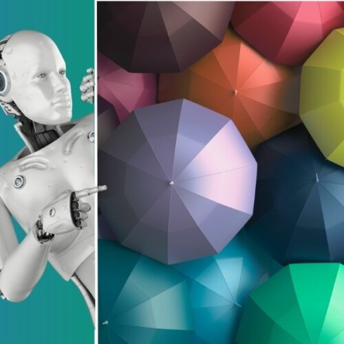 Roboter neben bunten Regenschirmen – Symbol für Diversität und Antidiskriminierung
