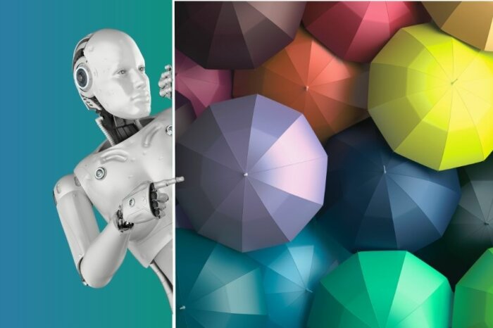 Roboter neben bunten Regenschirmen – Symbol für Diversität und Antidiskriminierung