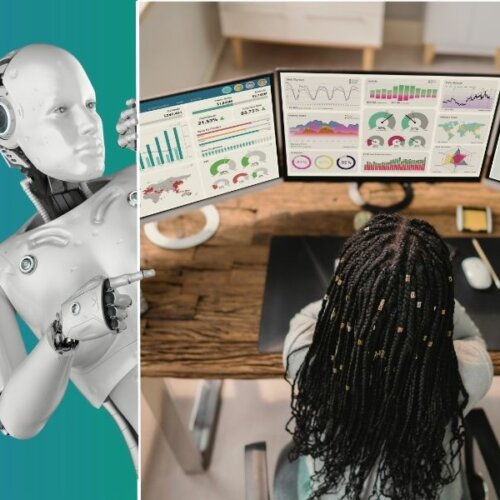 Roboter und Person vor Daten-Dashboards – Symbol für KI-Nutzung und Nutzerdaten-Analyse
