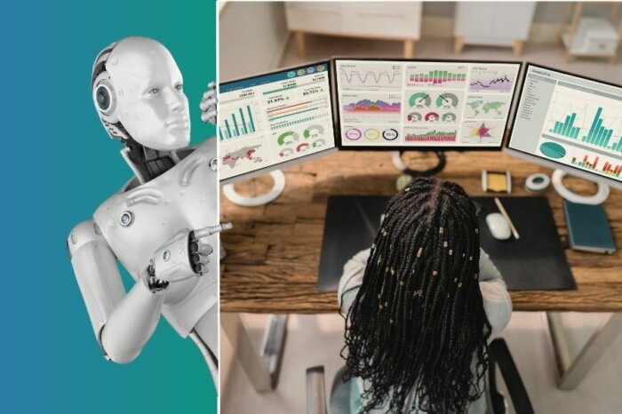 Roboter und Person vor Daten-Dashboards – Symbol für KI-Nutzung und Nutzerdaten-Analyse