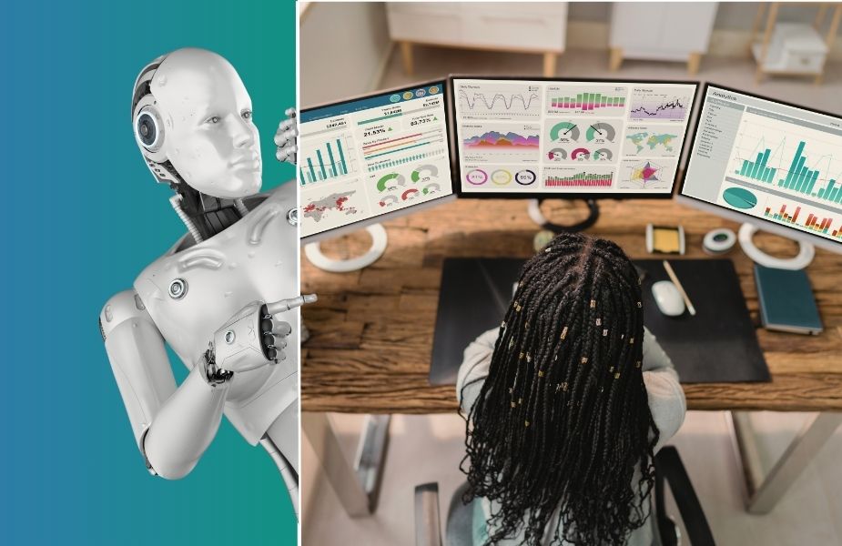 Roboter und Person vor Daten-Dashboards – Symbol für KI-Nutzung und Nutzerdaten-Analyse