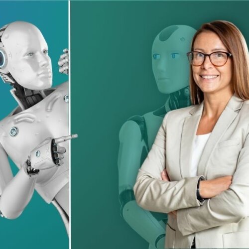 Frau mit Roboter-Zwilling – Symbol für KI, digitale Zwillinge und Mensch-Maschine-Zusammenarbeit