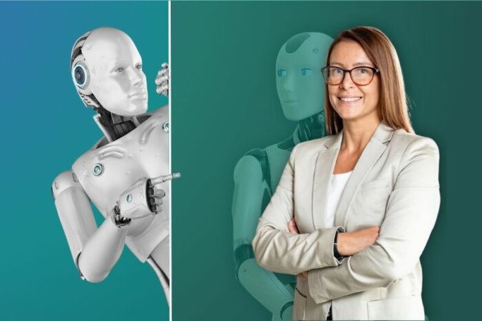Frau mit Roboter-Zwilling – Symbol für KI, digitale Zwillinge und Mensch-Maschine-Zusammenarbeit