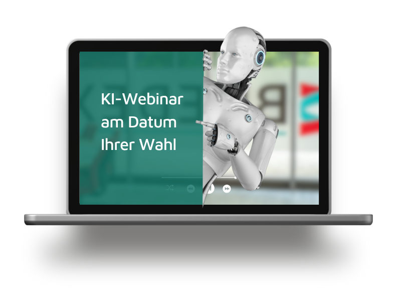 Webinargrafik zu KI-Strategien und Produktentwicklung mit Roboter und Laptop