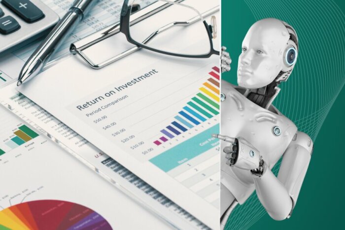 Return-on-Investment-Diagramme mit KI-Roboter – Symbol für datenbasierte Entscheidungen mit Hilfe von KI